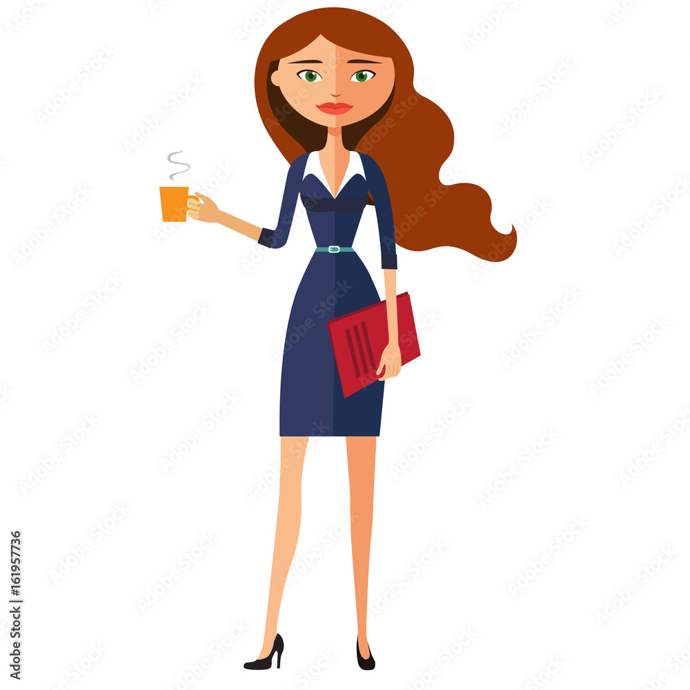 Illustration of a beautiful business woman holding a cup vector flat cartoon illustration Illustration of a beautiful business woman holding a cup vector flat cartoon illustration