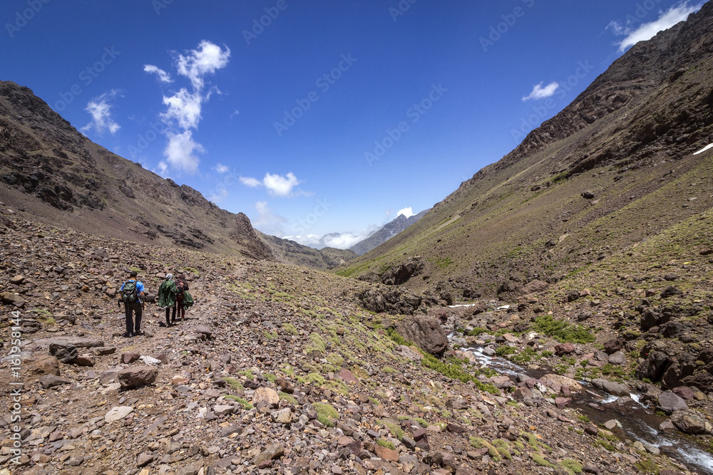 Toubkal national park, the peak whit 4,167m is the highest in the Atlas mountains and North Africa, trekking trail panoramic view.