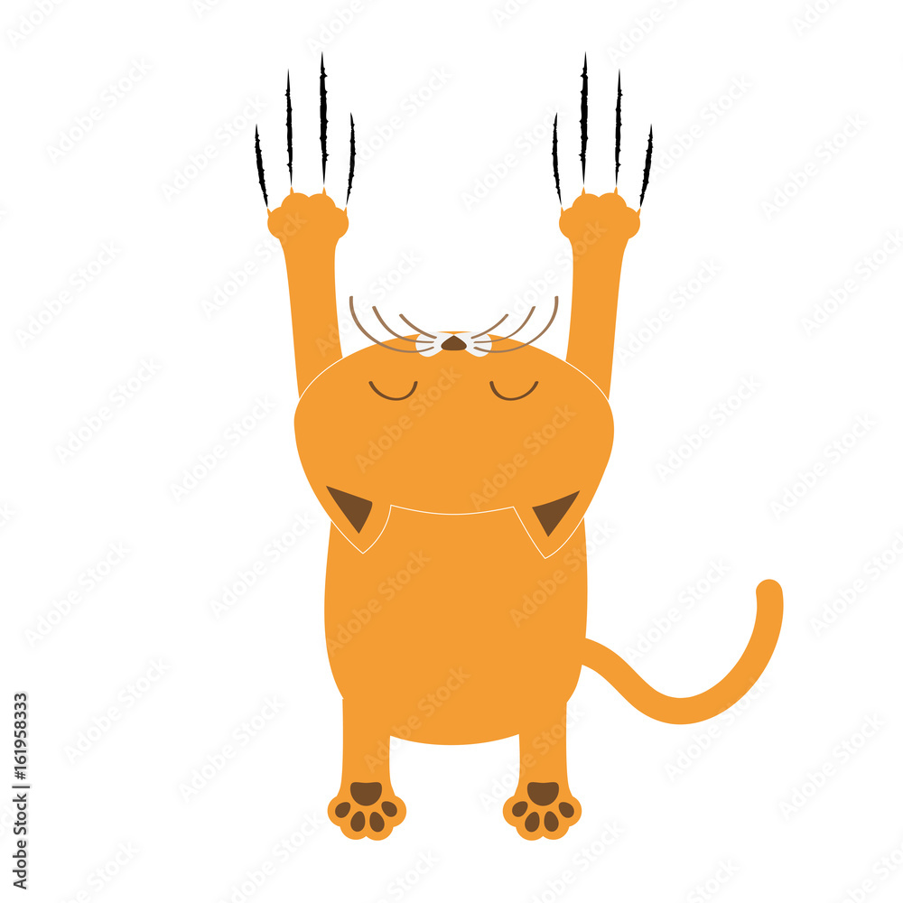 Cartoon red orange cat. Back view. Red bloody claws animal scratch