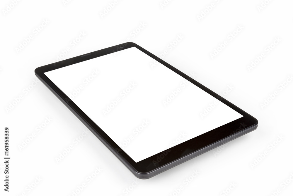 Black tablet computer with blank white screen mockup lies on the surface, isolated on white background with clipping path Black tablet computer with blank white screen mockup lies on the surface, isolated on white background with clipping path