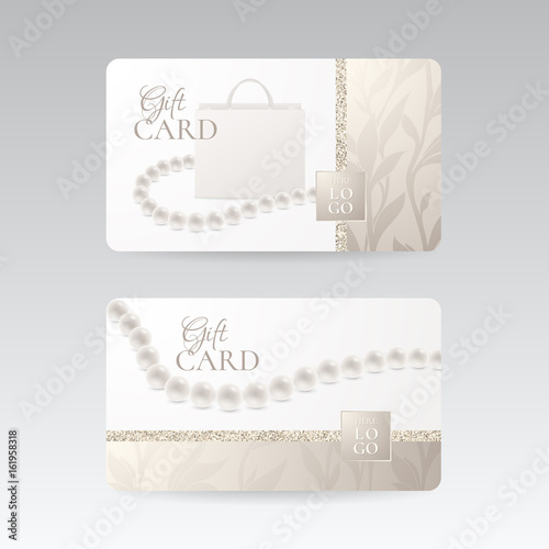 Vector set of elegant gift cards with pearls and a paper shopping bag. Background with floral patterns. Template for gift vouchers, coupons and certificates for fashion and jewelry boutique.
