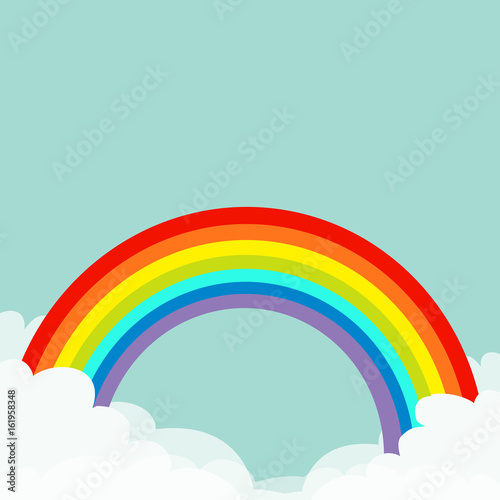 Rainbow in the sky. Fluffy cloud in corners. Cloudshape. Cloudy weather. LGBT gay symbol sign. Flat design. Blue background. Isolated