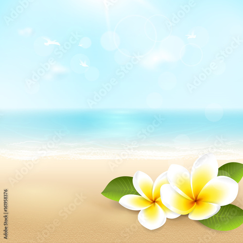 Vector summer background with beach, sea, waves and tropical flowers. Travel template with plumeria, blurred effect for design banner and flyer with space for text. File contains clipping mask.