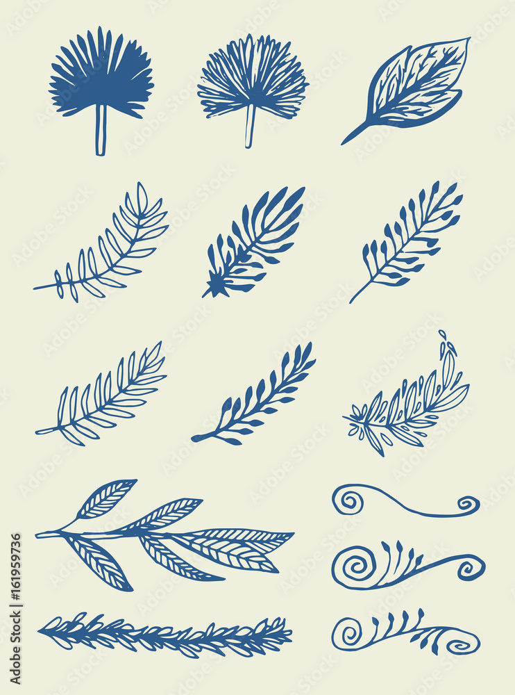 Vector icon set of leaves against white background