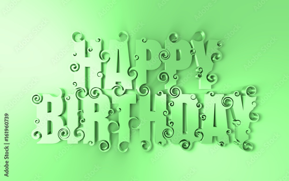 Lettering illustration with Happy Birthday text. Typography poster with abstract ornament of curls. 3D rendering Lettering illustration with Happy Birthday text. Typography poster with abstract ornament of curls. 3D rendering