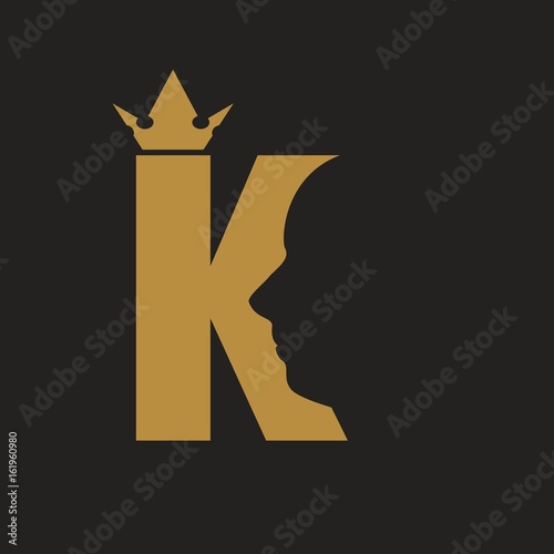 King logo. Royal luxury emblem. Face and crown icon. Business fantasy golden badge with K letter