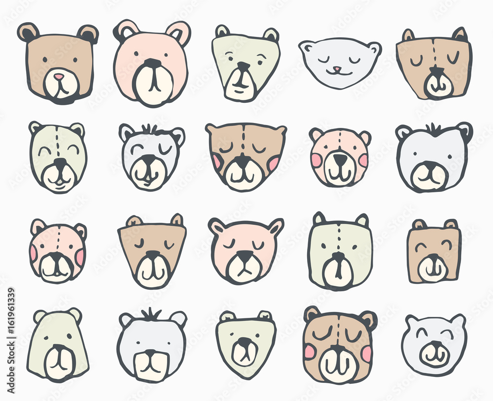 Vector icon set of teddy bears against white background