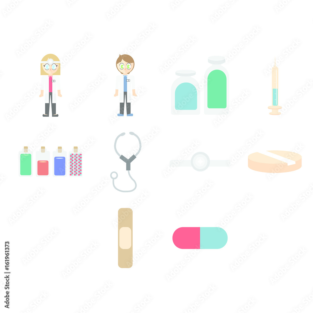 Vector set of doctors and medical equipments against white background Vector set of doctors and medical equipments against white background