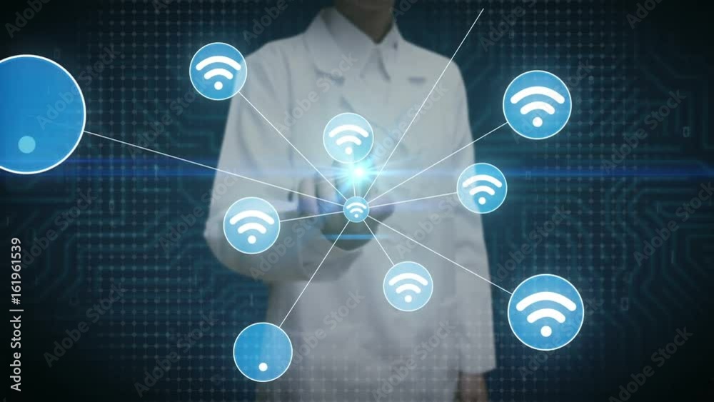 Female scientist, engineer touch screen, Wireless technology icon connect global world map, dot makes global communication. social media network.2. Female scientist, engineer touch screen, Wireless technology icon connect global world map, dot makes global communication. social media network.2.