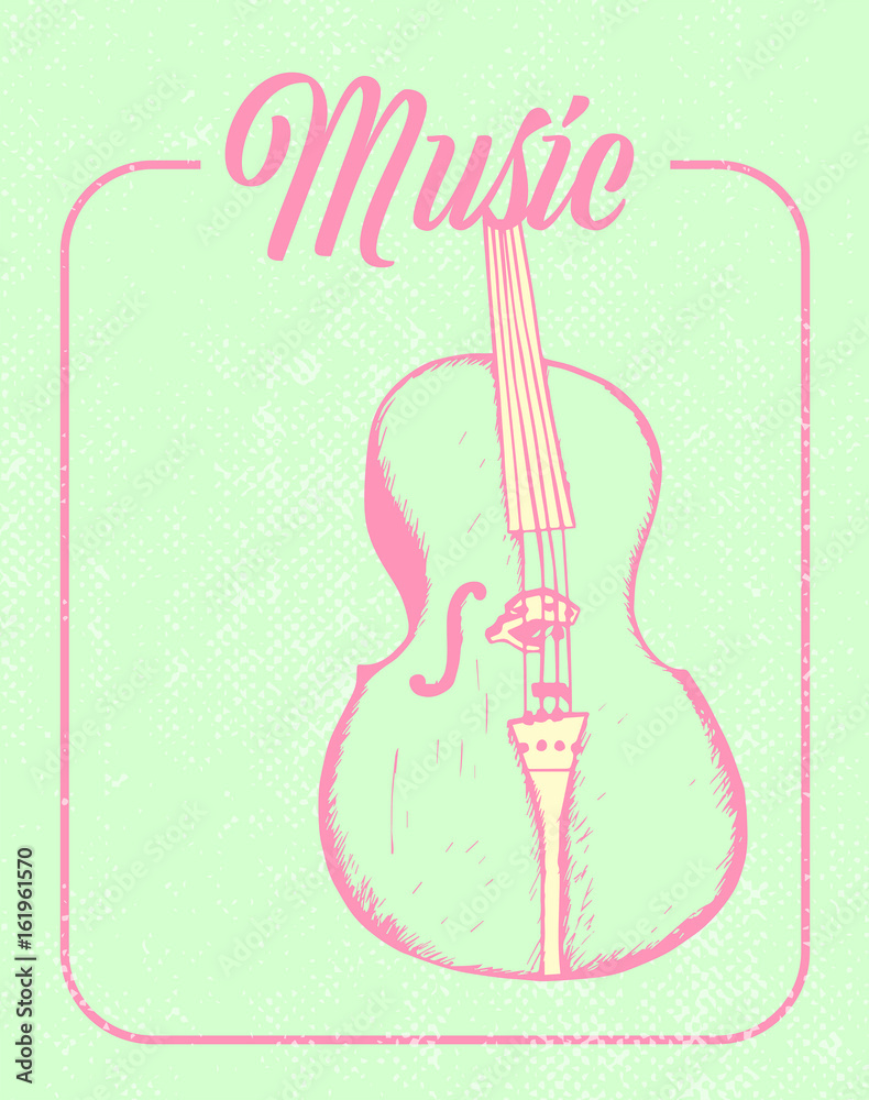 Vector of greeting card with violin and music text against green background