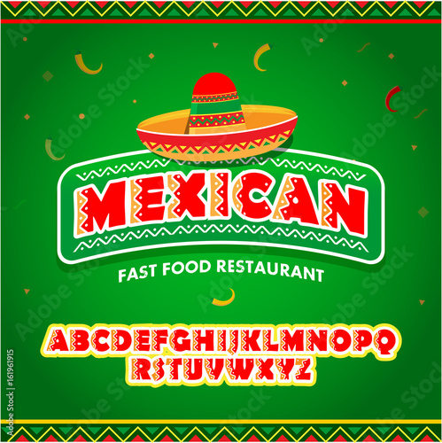 Mexican food logo with mexican alphabet. Mexican Fast food logotype template. Isolated Vector logo design template. - stock vector