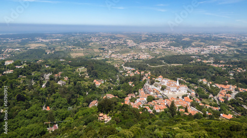View of the mountains, parks and the village of Sintra from the Moorish Castle