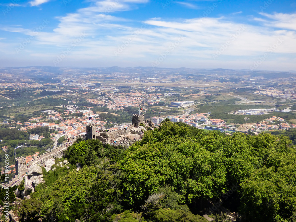 View of the mountains, parks and the village of Sintra from the Moorish Castle