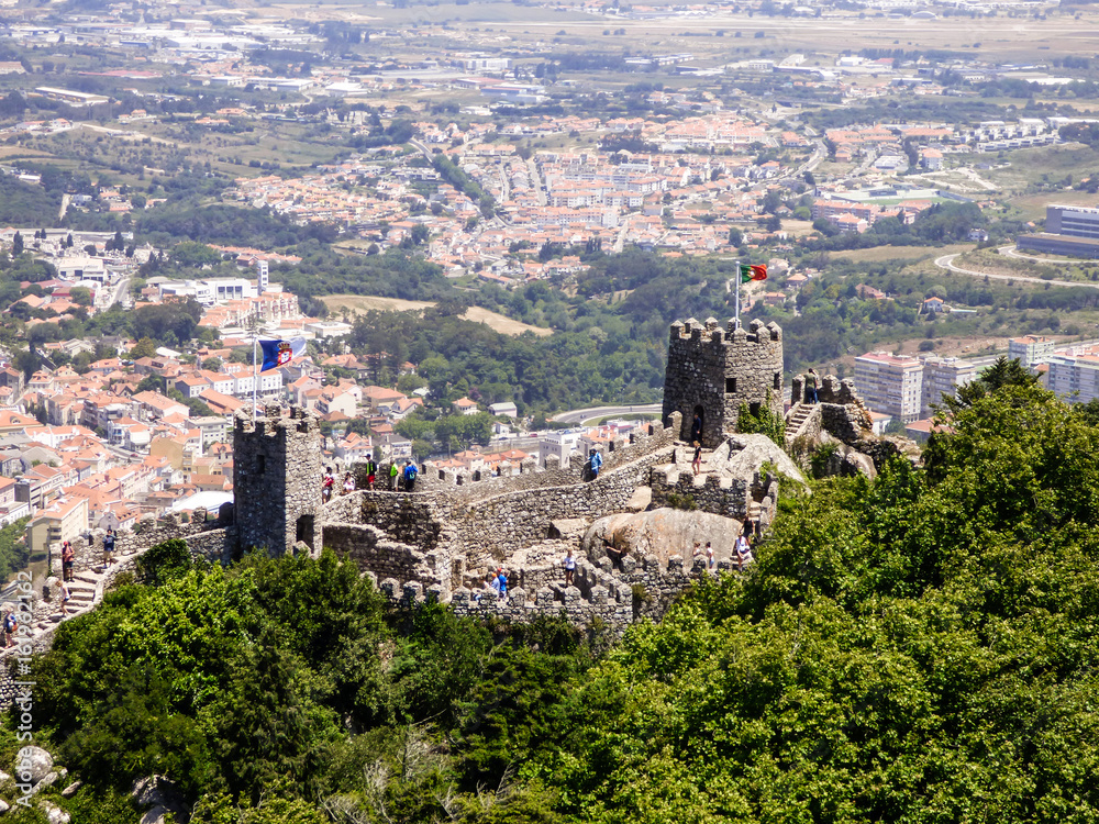 Walls of the Moorish Castle and the village of Sintra in the background