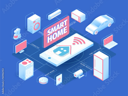 Smart home concept with isometric icons and symbols. Internet of things layout. IOT online synchronization and connection via smartphone wireless technology. Vector illustration.