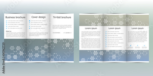 Tri-fold brochure template with hexagonal background. Vector illustration.