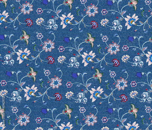 Flower embroidery on denim fabric