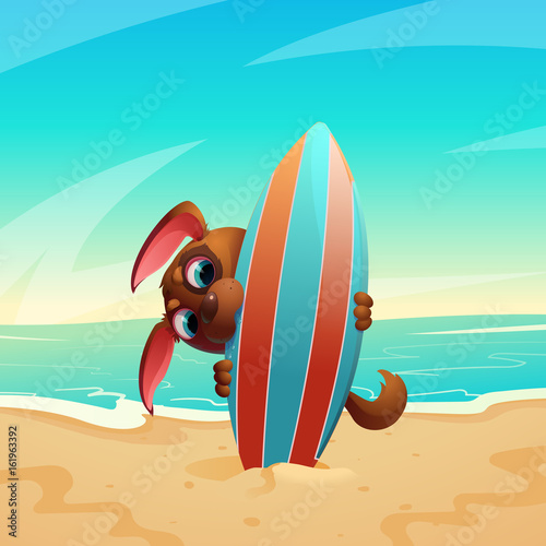 Summer illustration with a dog on a surfboard, against a background of a sandy beach and the sea