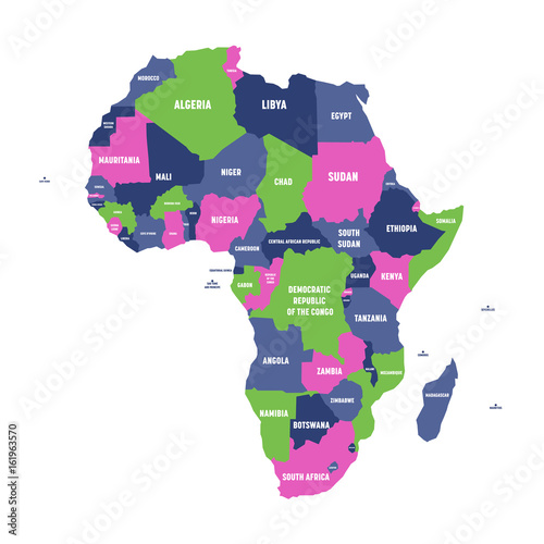 Multicolored political map of Africa continent with national borders and country name labels on white background. Vector illustration.