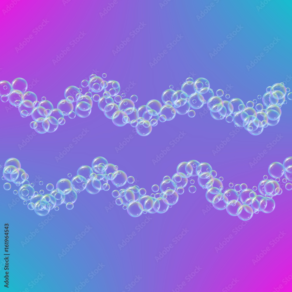 Shampoo foam in wavy lines with realistic water bubbles on trendy gradient background. Cleaning liquid soap foam for bath and shower. Shampoo rainbow bubbles. Swimming pool flyer and invite. Shampoo foam in wavy lines with realistic water bubbles on trendy gradient background. Cleaning liquid soap foam for bath and shower. Shampoo rainbow bubbles. Swimming pool flyer and invite.