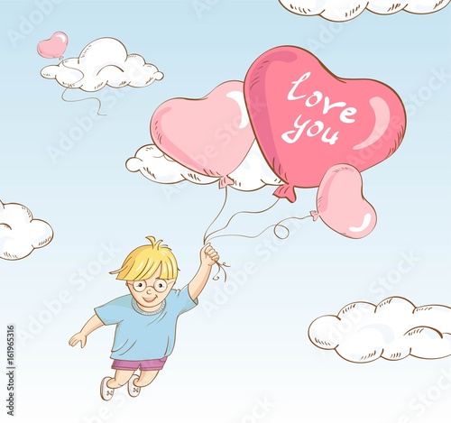 Hand drawn style cute boy flying whit heart-shaped balloons - vector illustration.