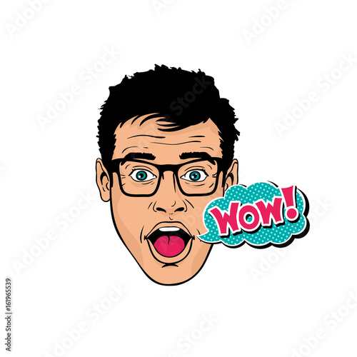 Wow pop art male face. Young sexy surprised man in glasses with wide open mouth and eyes and Wow speech bubble. Vector bright object in pop art retro comic style on white background.