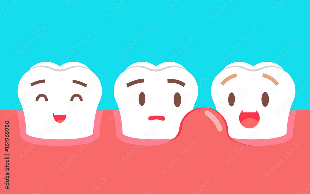 Cute cartoon tooth character with gum problem. Dental care concept, swollen gums or periodontal disease. Cute cartoon tooth character with gum problem. Dental care concept, swollen gums or periodontal disease.