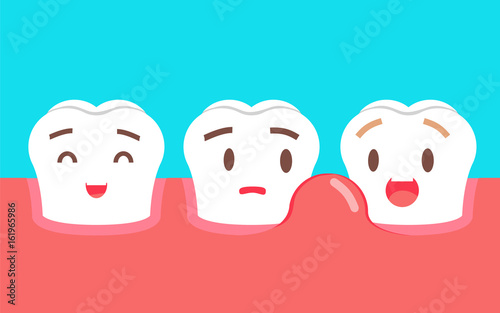 Cute cartoon tooth character with gum problem. Dental care concept, swollen gums or periodontal disease.