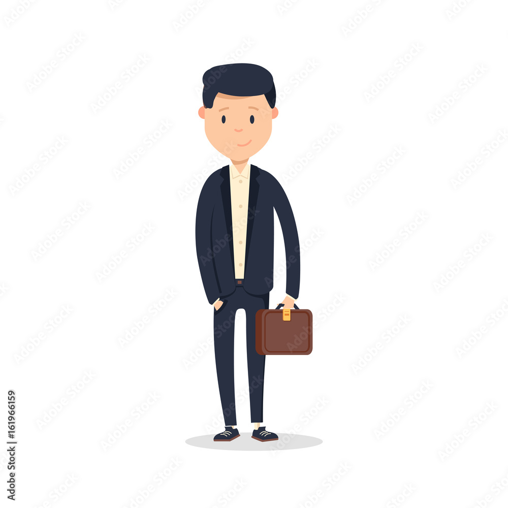 Smartly dressed businessman, smiling. A handsome young businessman holding his briefcase while standing.