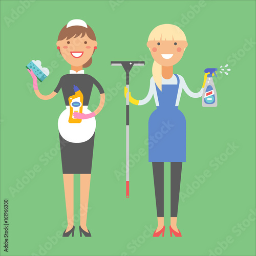 Housewife girl homemaker cleaning pretty girl wash cleanser chemical housework product equipment vector.