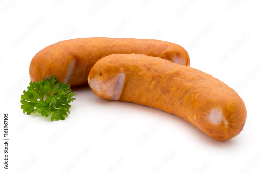 Sausage and spices isolated on white background, fresh delicious frankfurter. Sausage and spices isolated on white background, fresh delicious frankfurter.
