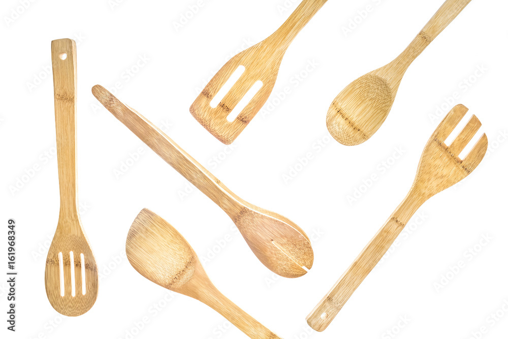 Drewniane sztućce. Bambusowe sztućce. Bambusowe łyżki. Bambusowe akcesoria  kulinarne. Stock Photo | Adobe Stock