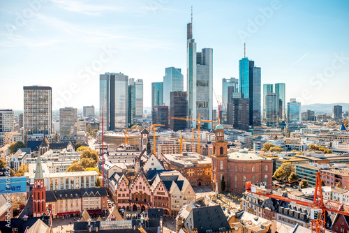 Aerial view on the Frankfurt city with financial district during the day in Germany