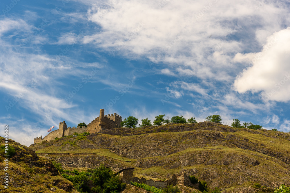 Ruins of a castle in Switzerland against blue sky