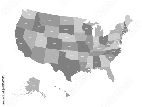 Political map of United States od America, USA. Simple flat vector map in four shades of grey with white state name labels on white background.