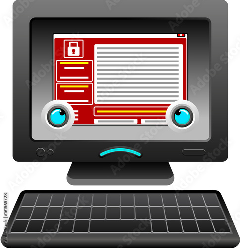 Aggrieved upset and sad computer character looking at wannacry malware message screen. Cybercrime and cyber security concept. Vector illustration isolated on white
