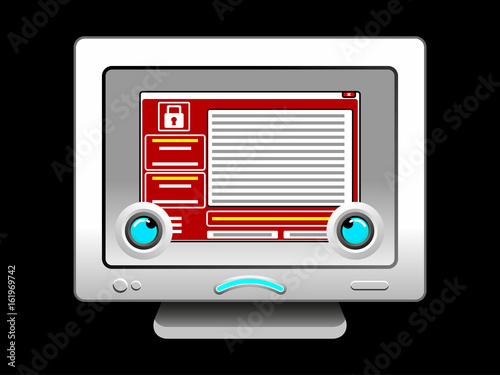 Aggrieved upset and sad computer character looking at wannacry malware message screen. Cybercrime and cyber security concept. Vector illustration isolated on white