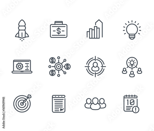 startup line icons, product launch, funding, initial capital, contract, ipo, target market, audience targeting