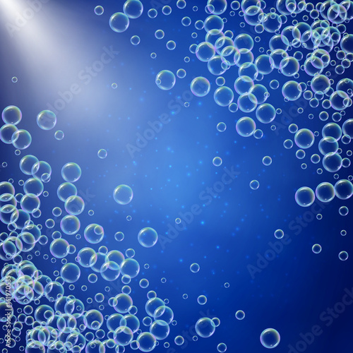 Shampoo foam diagonal frame with realistic water bubbles on blue background with sunshine flare. Cleaning liquid soap foam for bath and shower. Shampoo rainbow bubbles. Swimming pool flyer and invite.