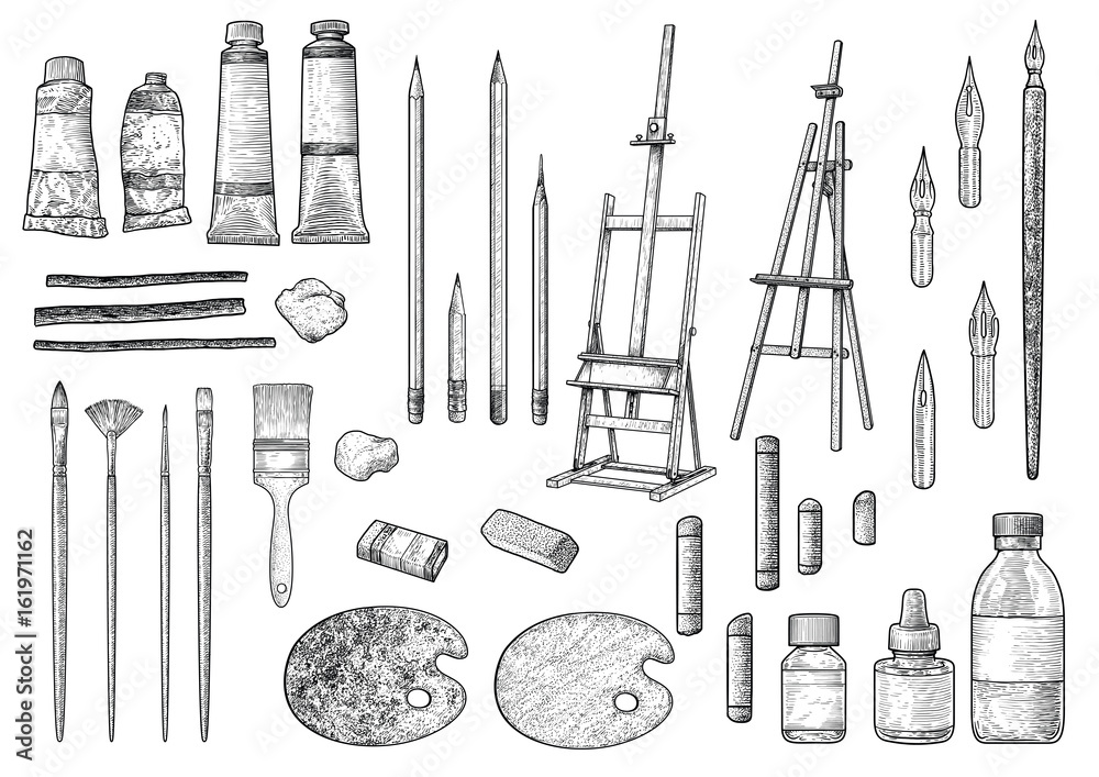 Artist tool collection illustration, drawing, engraving, ink, line art,  vector Stock Vector