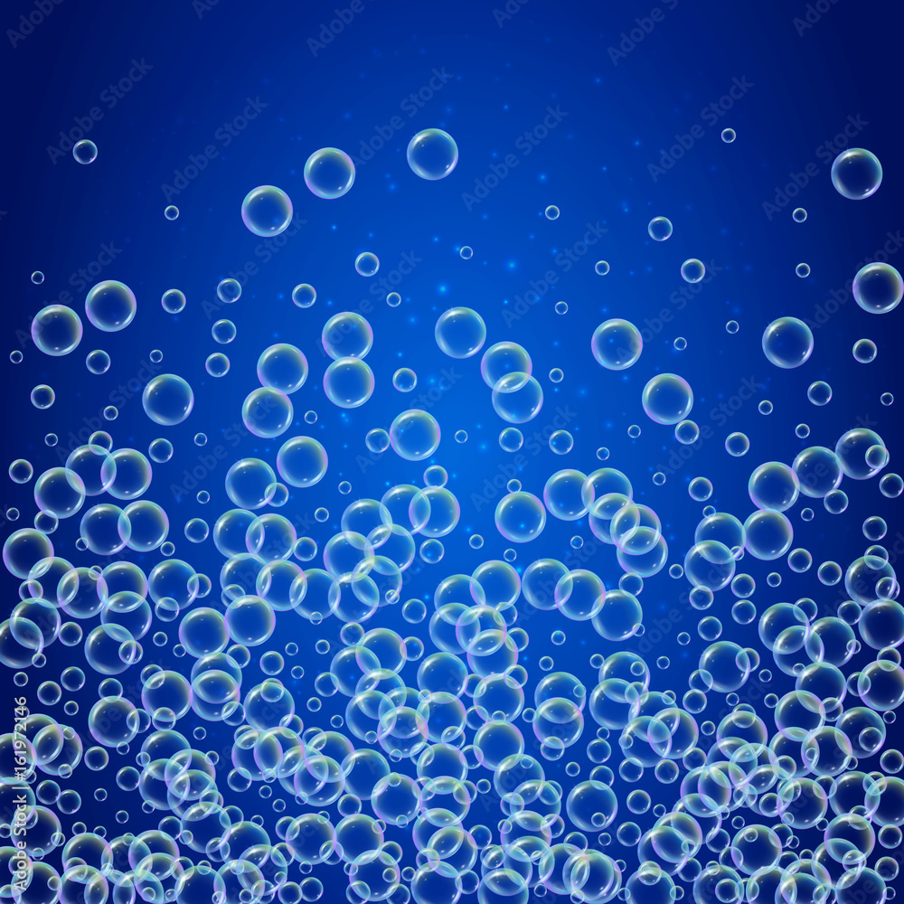 Shampoo foam in floating with realistic water bubbles on shiny blue background. Cleaning liquid soap foam for bath and shower. Shampoo rainbow bubbles. Swimming pool flyer and invite.