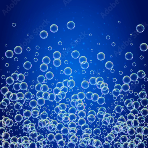 Shampoo foam in floating with realistic water bubbles on shiny blue background. Cleaning liquid soap foam for bath and shower. Shampoo rainbow bubbles. Swimming pool flyer and invite.