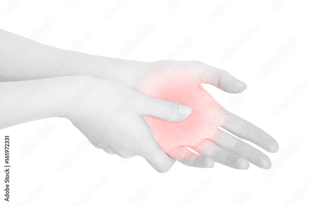 Woman hand touching with thumb the painful red palm on white, clipping path Woman hand touching with thumb the painful red palm on white, clipping path
