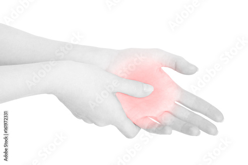 Woman hand touching with thumb the painful red palm on white, clipping path