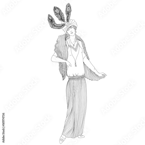 Beautiful retro style woman. Vector illustration. Vintage girl with feathers on her hat. Adult anti-stress coloring.