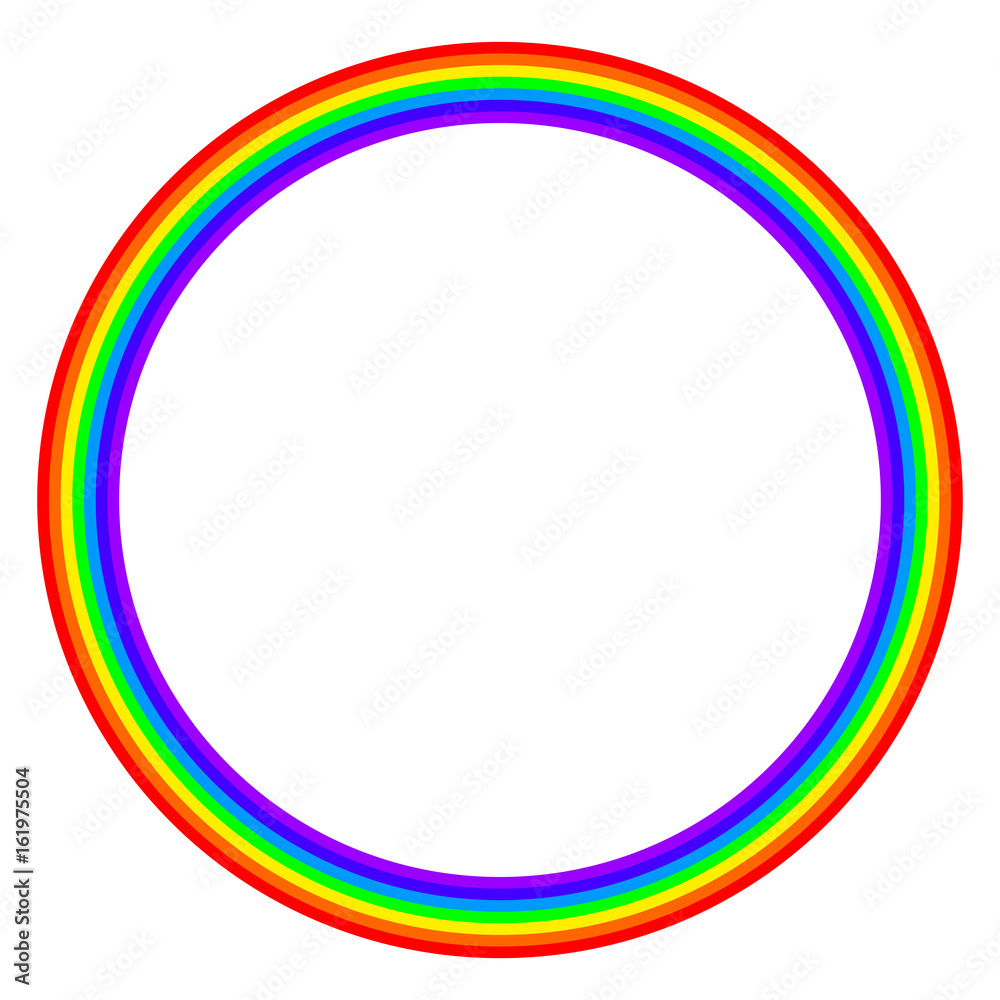 Rainbow colored circle on white background. Ring with rainbow bands in seven main colors of the spectrum and visible light. Red, orange, yellow, green, blue, indigo and violet. Illustration. Vector.