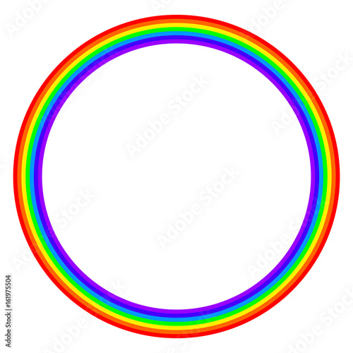 Rainbow colored circle on white background. Ring with rainbow bands in seven main colors of the spectrum and visible light. Red, orange, yellow, green, blue, indigo and violet. Illustration. Vector.