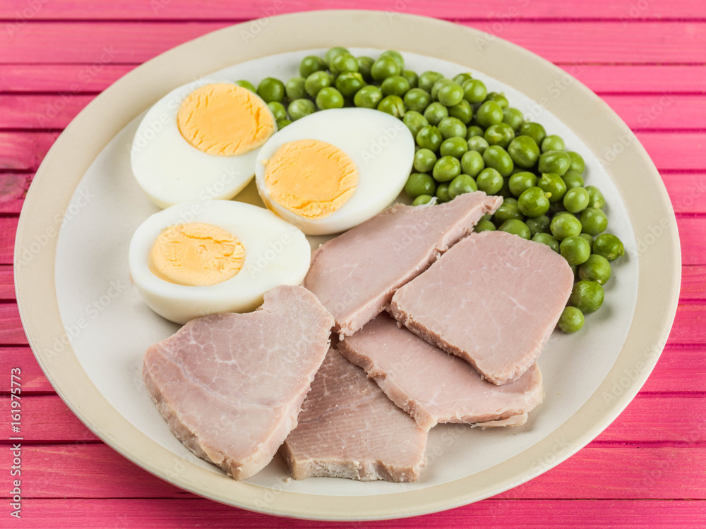 Cooked Ham and Egg Salad With Green Garden Peas Cooked Ham and Egg Salad With Green Garden Peas