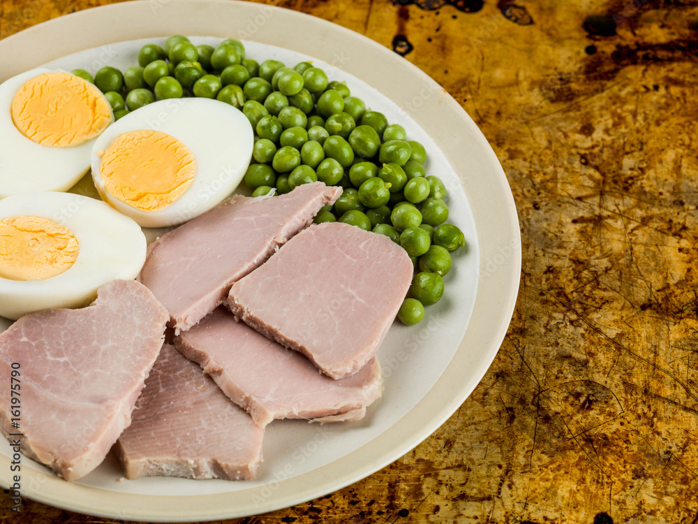 Cooked Ham and Egg Salad With Green Garden Peas Cooked Ham and Egg Salad With Green Garden Peas