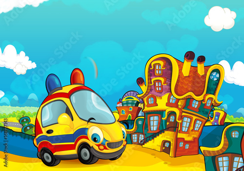Cartoon ambulance car smiling and looking in the parking lot and plane flying over - illustration for children